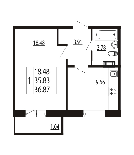 Полис Австийский квартал планировка 1 комнатная квартира 36.87 кв. м.